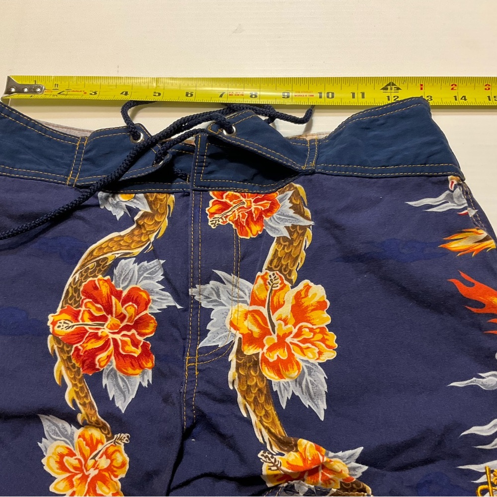 Y2K Board Shorts Women/Junior Sz 5 Blue Orange Hawaiian Print Floral Dragon Dish - Picture 5 of 9